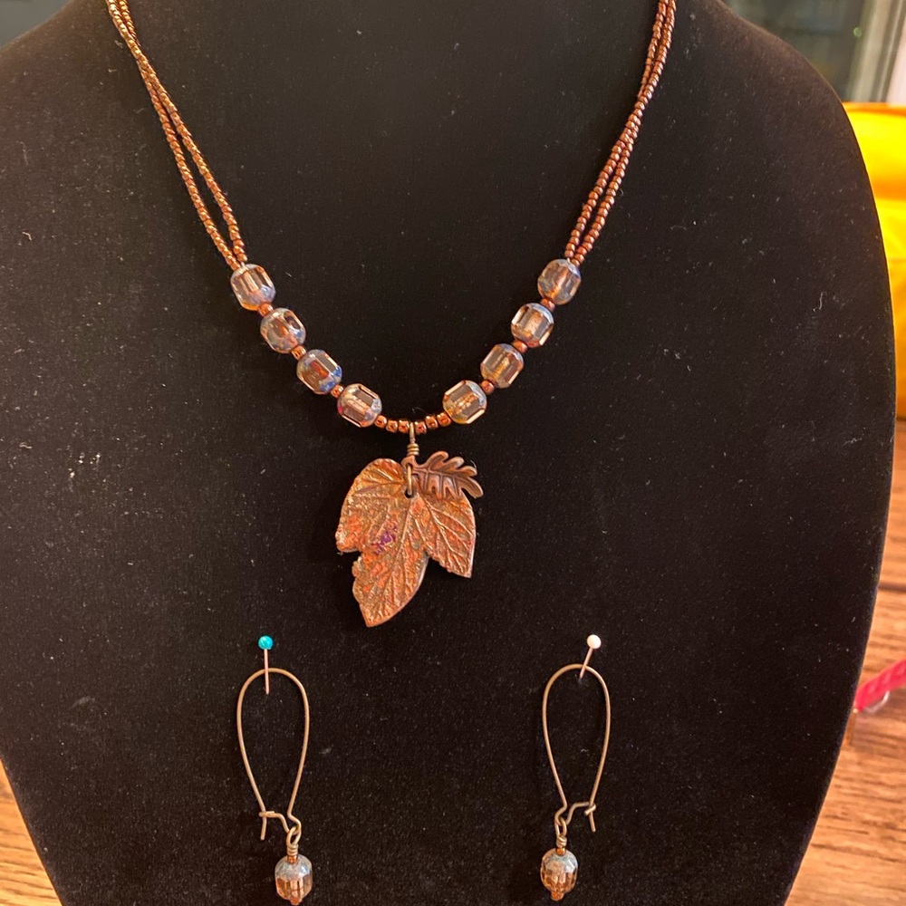 Beaded Necklace with Clay Leaf and Bead Earrings.
